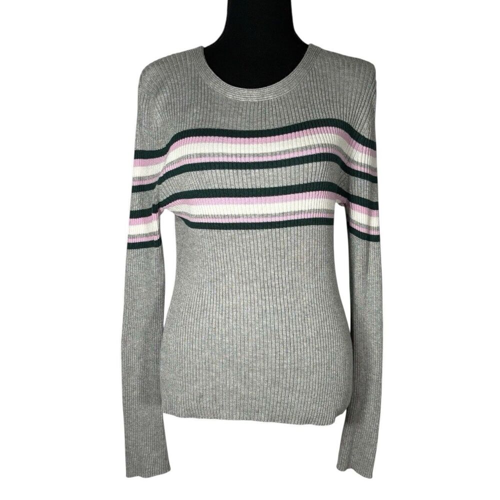 Hooked Up By IOT Long Sleeve Gray Striped Top Stretch Ribbed Knit